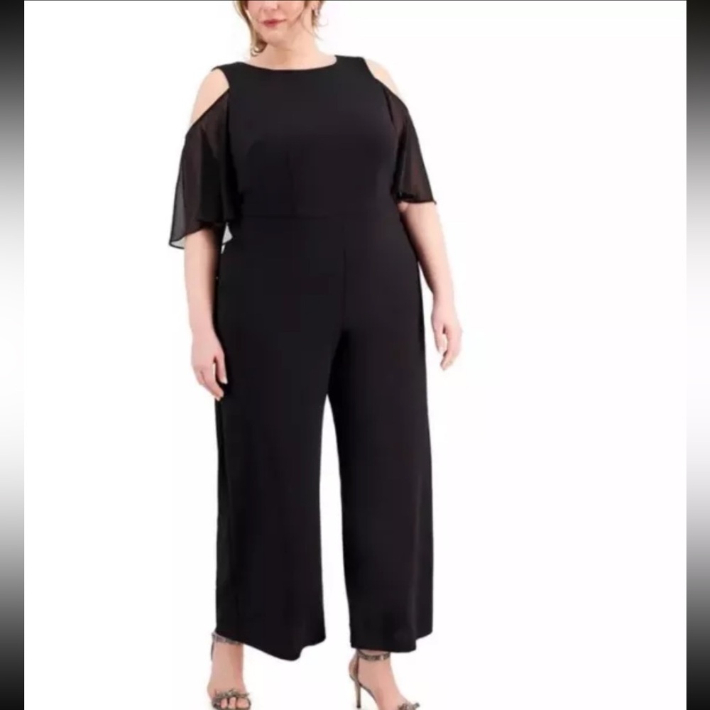 Connected  Womens Wide Leg Cold Shoulder Solid Jumpsuit Plus 22W-Black